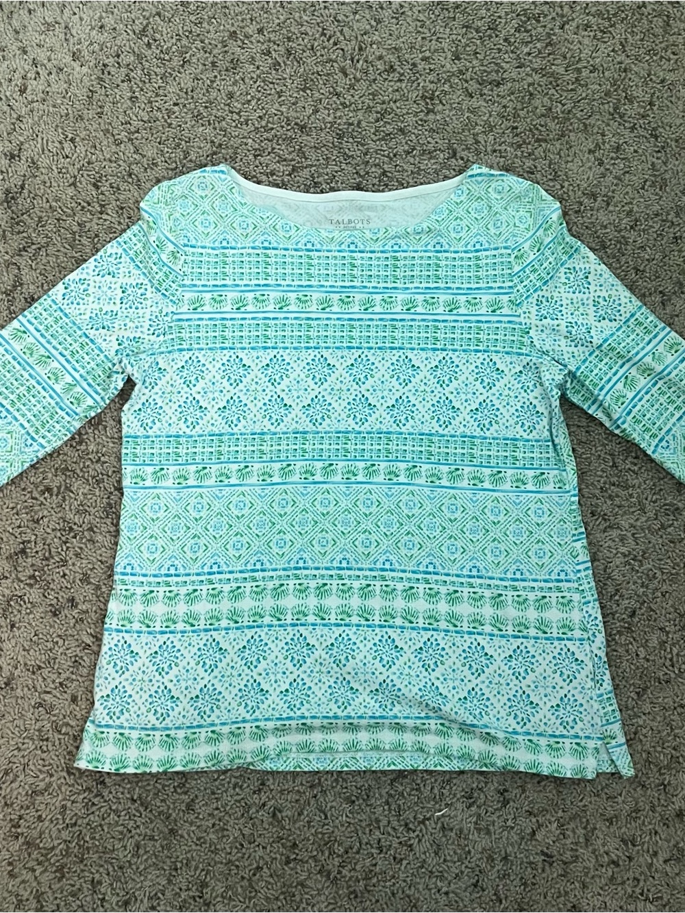 Talbots Green & Aqua Print 3/4 Sleeve Women's Top